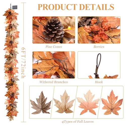 6ft Lighted Fall Garland with Timer, Autumn Leaves & Berries Decor