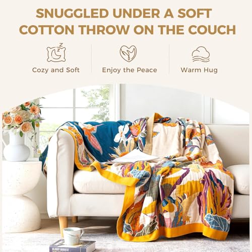 Boho 100% Cotton Throw Blanket 60"x80" - Reversible Floral Jacquard