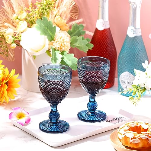 12-Piece Vintage Blue Glass Goblet Set, 10 oz Embossed Diamond Wine Glasses