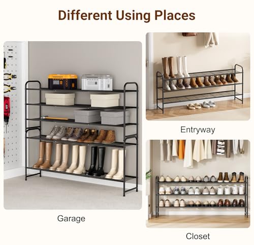 KEETDY 3-Tier Long Metal Shoe Rack - Wide Stackable Shoe Organizer Shelf