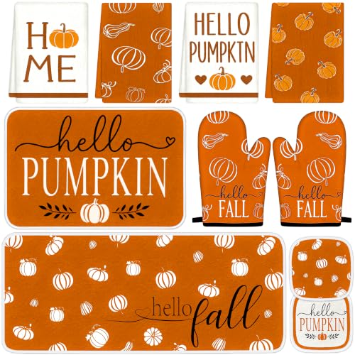 10-Piece Fall Pumpkin Kitchen Decor Set: Mats, Towels, Oven Mitts & Pot Holders