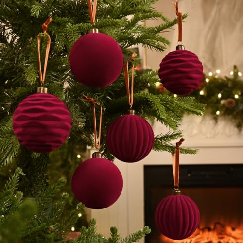 Waipfaru Burgundy Red Velvet Christmas Ornaments Set, 4pcs 5.9 Inch Large Holiday Baubles