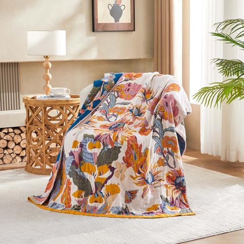Boho Floral Cotton Throw Blanket, 50x60 Reversible Farmhouse Quilt