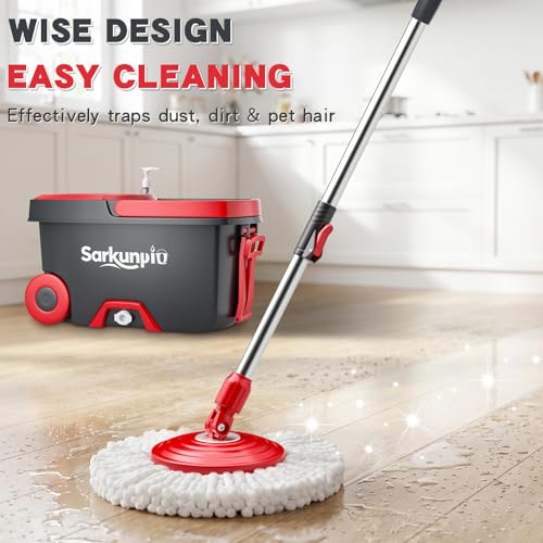 Spin Mop and Bucket Set with 6 Microfiber Heads, Stainless Steel Wringer