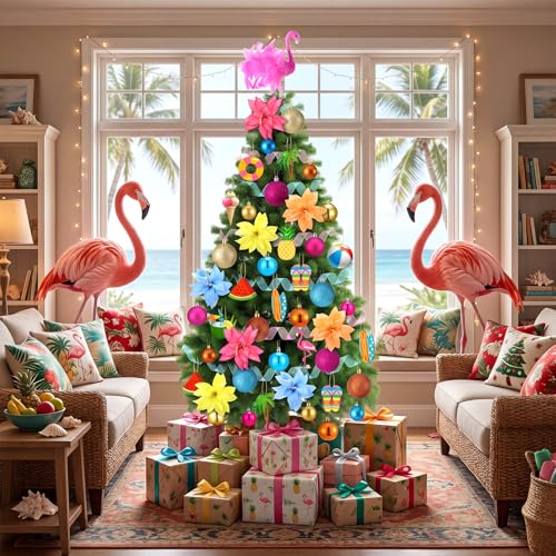 65 Pcs Tropical Summer Christmas Tree Ornaments Set with Flamingo Topper
