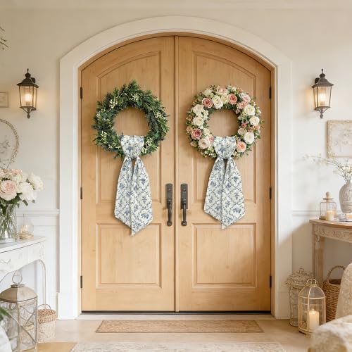 2-Piece Blue Floral Wreath Sash for Front Door Decor, Polyester Ribbon