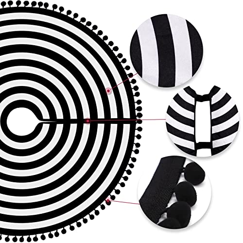 30 Inch Burlap Christmas Tree Skirt - Black & White Stripe with Pom Pom Trim