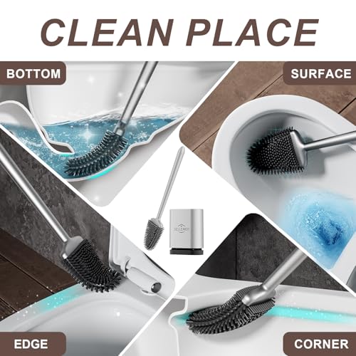 Silicone Toilet Brush and Holder Set - Flat Flexible Head, Rustproof Handle