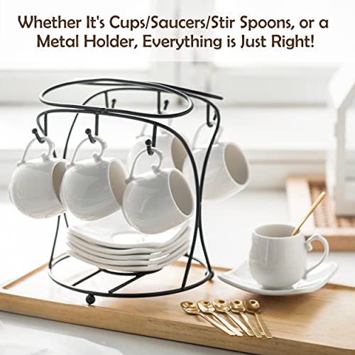 LYEOBOH White Espresso Cups with Saucers Set, Metal Stand & Spoons - A-White