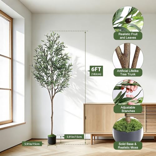 6ft Faux Olive Tree with Realistic Leaves & Fruits - Indoor Decoration