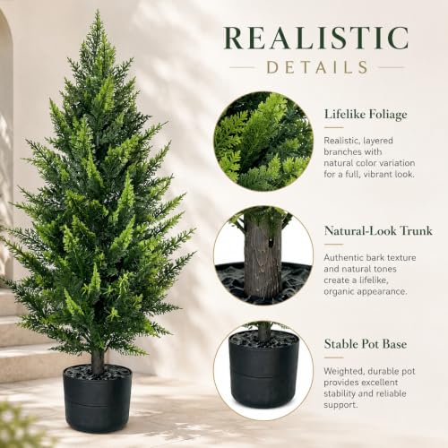 THKFUL 3ft Artificial Cedar Trees, 2 Pack in Pots, UV-Resistant Faux Cypress Topiary for Front Porch