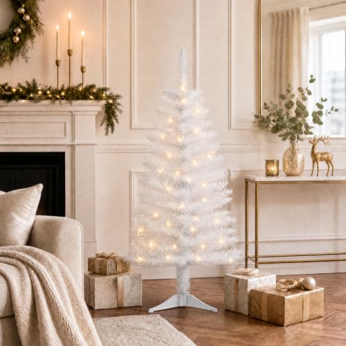 PineSpark 4ft White Christmas Tree with 50 LED Lights - Winter Wonderland Slim Pencil