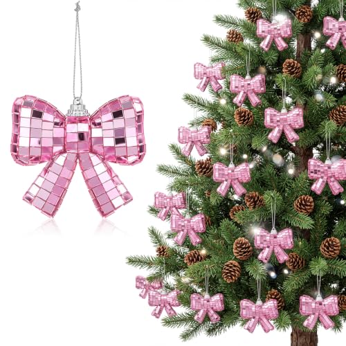 Sosation Pink Bow Christmas Ornaments Set - 12 Shimmering Holiday Decorations