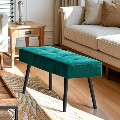 40-Inch Upholstered Entryway Bench with Metal Legs, Dark Green Velvet