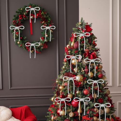 Silvery Glitter Rhinestone Bow Ornaments 12-Pack 5x4 Inch for Christmas Tree—TNTIWQ Variation Silvery