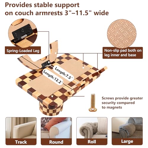 Checkered Rubber Wood Sofa Armrest Tray with Rotating Cup Holder & Phone Stand