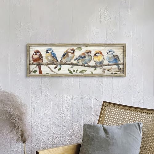Chickadee Bird Wooden Framed Wall Art, 24x8 Inch Rustic Farmhouse Decor