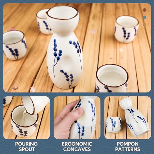 Ceramic Sake Set for 4 - Japanese Porcelain Sake Carafe & Cups - Gift Ready