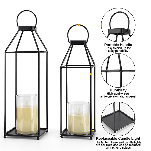 Decorative Outdoor Lanterns with LED Candles - 2PCS Black Metal