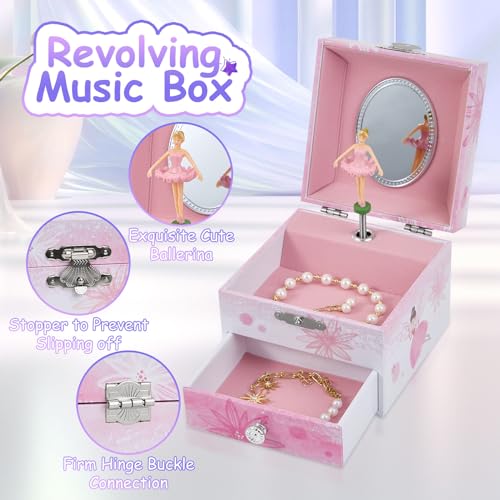 Musical Jewelry Box for Girls with Spinning Ballerina and Storage Drawer