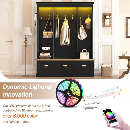 Farmhouse Hall Tree with Storage Bench, LED Lighting & 9 Hooks