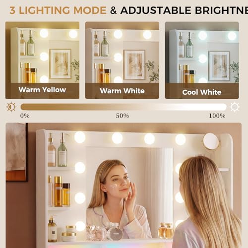 Modern Makeup Vanity Desk with LED Mirror, Charging Station & Storage