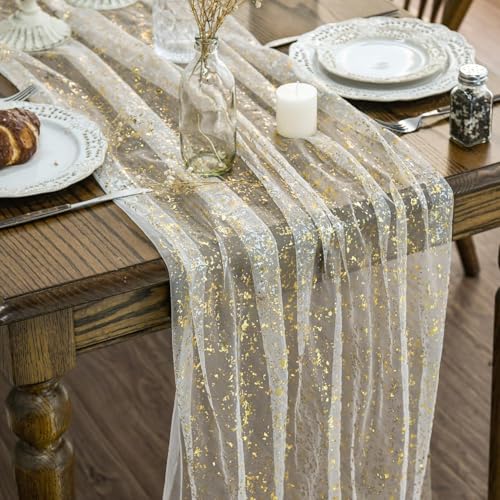 Beige Gold Metallic Foil Table Runner - 28x120 Sheer Gauze Party Decor