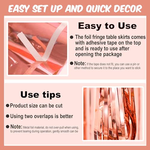 LANTIANCHEN Rose Gold Foil Fringe Table Skirts 3 Pack 29x108 Inches Party Decor
