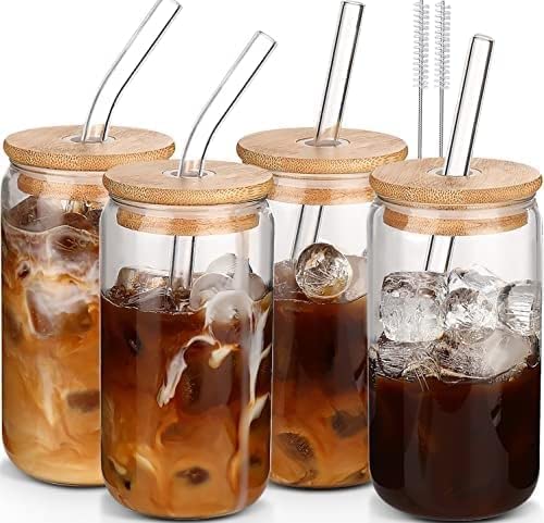 16oz Glass Cups with Bamboo Lids and Straws, Set of 4 Iced Coffee Tumblers