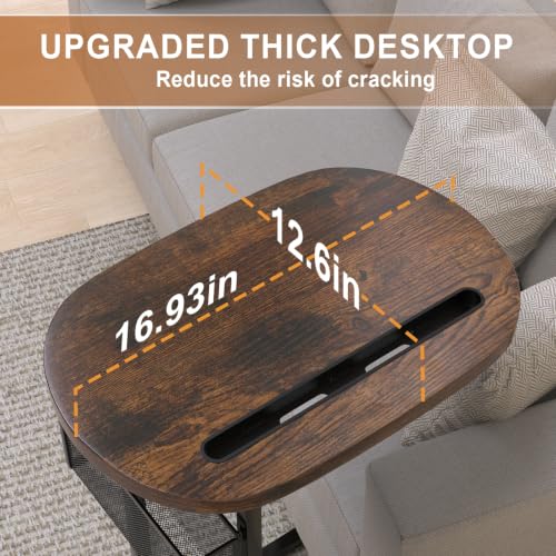 Adjustable C-Shaped Sofa Side Table with Storage Basket, Brown