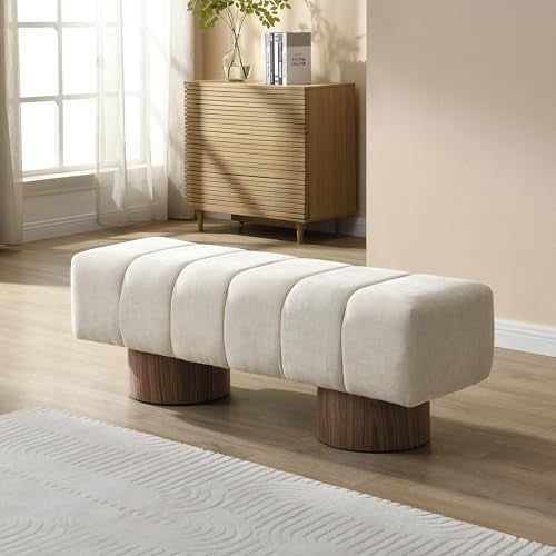 50-inch Upholstered Dining Bench, Light Beige Chenille Ottoman Seating