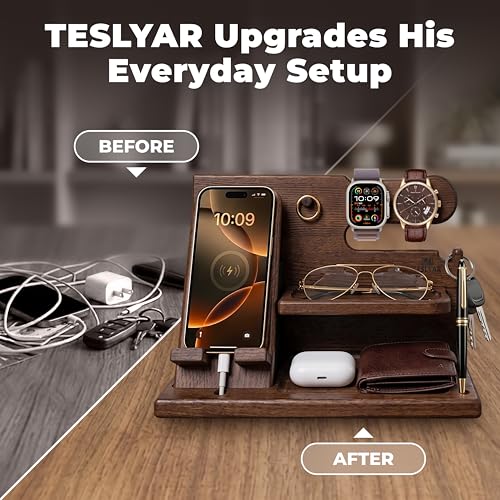 Wooden Phone Docking Station Bedside Organizer for Men Brown