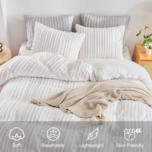 White Boho Tufted Duvet Cover Set King - 3-Piece Soft Microfiber Bedding