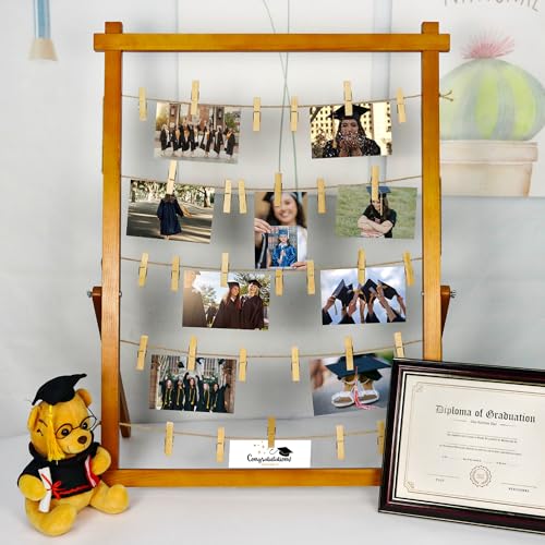 Freestanding Wood Photo Display Board with 30 Clips for Tabletop Decor
