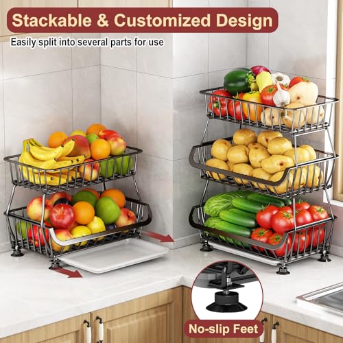 3-Tier Rolling Pantry Cart, Stackable Wire Fruit & Vegetable Basket Stand