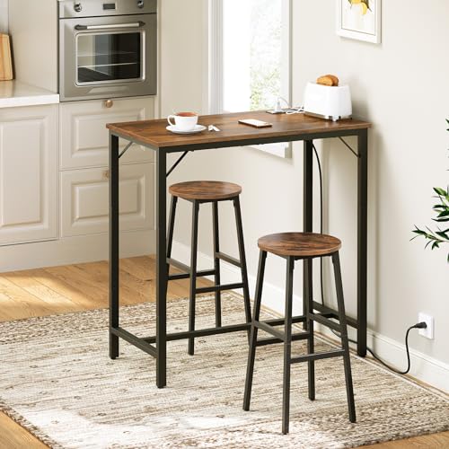 Narrow Bar Table with Charging Station, Rustic Pub Table with USB Ports