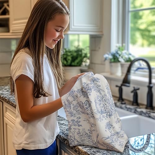 French Country Toile Kitchen Towels - 100% Cotton Blue Dish Towels - 4 Pack