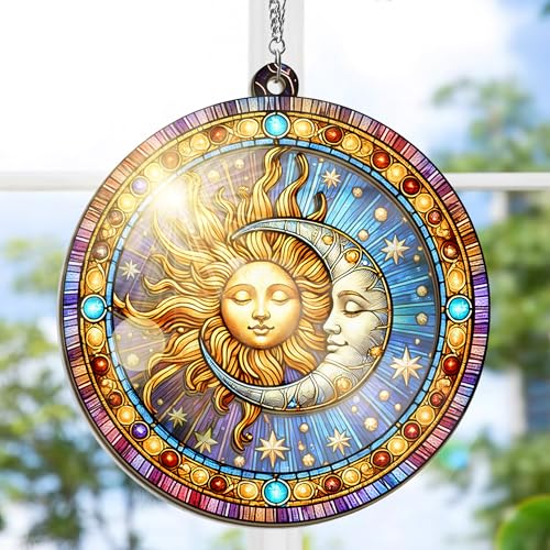 OASSIE Sun and Moon Suncatcher Decor - Double Layered Window Hanging, Celestial Boho Home Gift