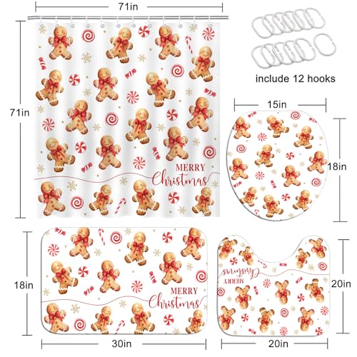 Christmas Shower Curtain Set Gingerbread Bath Decor 4pcs Waterproof Holiday