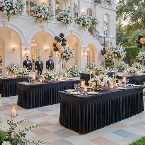 Black Spandex Table Cover for 6ft Rectangle Tables - 6 Pack, Wrinkle-Free Stretch Tablecloth with Skirt for Weddings & Events - Variation: 72x30 Inches
