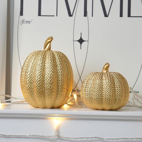 2-Piece Resin Gold Pumpkin Decor, Woven Effect Thanksgiving Table Centerpiece