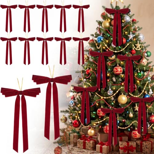 Giegxin Burgundy Velvet Christmas Bow Ornaments 8 x 13 Inches, Set of 12