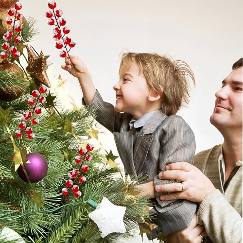 50pcs Christmas Tree Decoration, 8 Inch Snowy Red Artificial Berry Stems Branches, Christmas Berries Picks Berry Branches for Christmas Trees Ornaments Holly Tree Decor