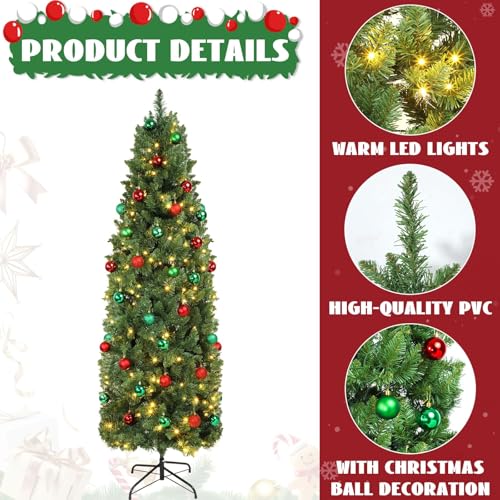 Justforjoyful 31-Pcs 6 Ft Slim Christmas Tree with 200 LED Warm White Lights, Red & Green Ornaments, Metal Stand