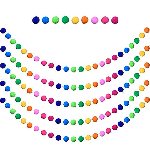 Colorful Pom Pom Ball Garland Set (5-Pack) - 6.5ft Rainbow Party Decor