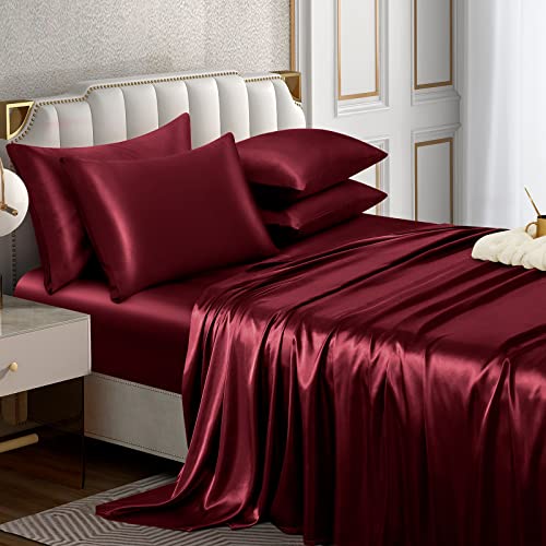 Horbaunal King Satin Sheet Set Burgundy - 6 Piece Luxury Bed Sheets