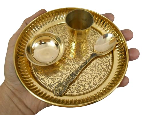 4-Piece Brass Puja Thali Set - Ritual Plate, Katori, Glass & Spoon