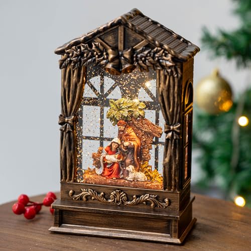 Musical Nativity Scene Lighted Snow Globe Lantern with Swirling Glitter