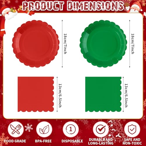 Tiangrid 240Pcs Red & Green Christmas Dinnerware Set - 120 Plates + 120 Napkins, 7in | Red Green Variation