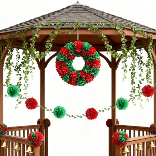 Red Tissue Paper Pom Pom Garland for Christmas & Events - 2 Pack, 16.4ft